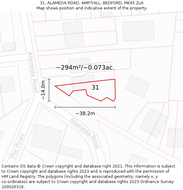 31, ALAMEDA ROAD, AMPTHILL, BEDFORD, MK45 2LA: Plot and title map