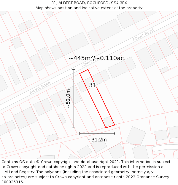 31, ALBERT ROAD, ROCHFORD, SS4 3EX: Plot and title map
