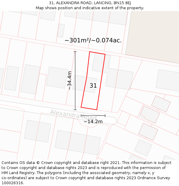 31, ALEXANDRA ROAD, LANCING, BN15 8EJ: Plot and title map