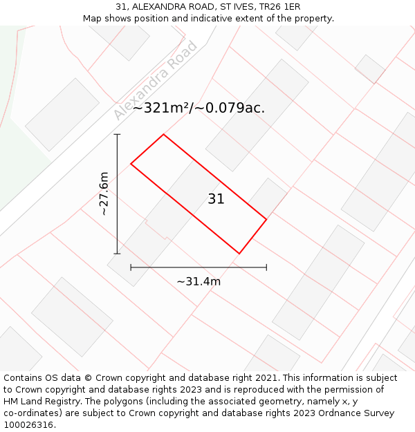 31, ALEXANDRA ROAD, ST IVES, TR26 1ER: Plot and title map