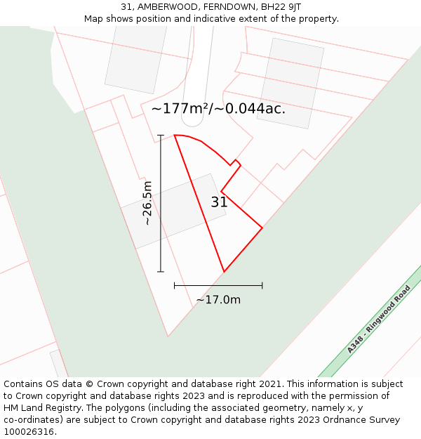31, AMBERWOOD, FERNDOWN, BH22 9JT: Plot and title map