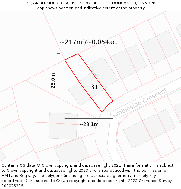 31, AMBLESIDE CRESCENT, SPROTBROUGH, DONCASTER, DN5 7PR: Plot and title map