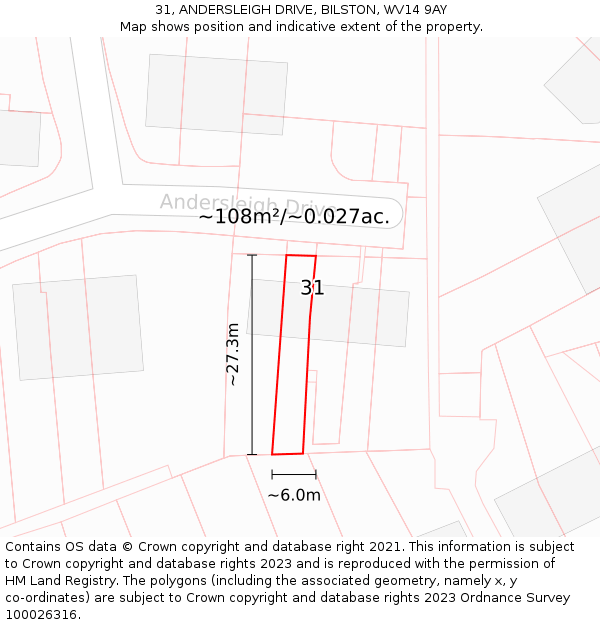 31, ANDERSLEIGH DRIVE, BILSTON, WV14 9AY: Plot and title map