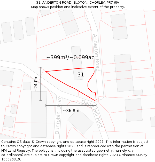 31, ANDERTON ROAD, EUXTON, CHORLEY, PR7 6JA: Plot and title map