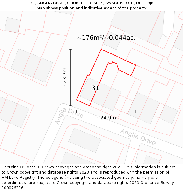 31, ANGLIA DRIVE, CHURCH GRESLEY, SWADLINCOTE, DE11 9JR: Plot and title map