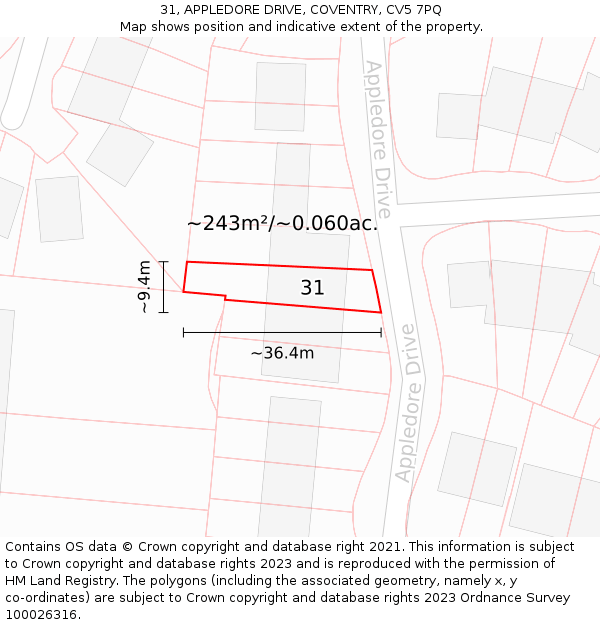 31, APPLEDORE DRIVE, COVENTRY, CV5 7PQ: Plot and title map