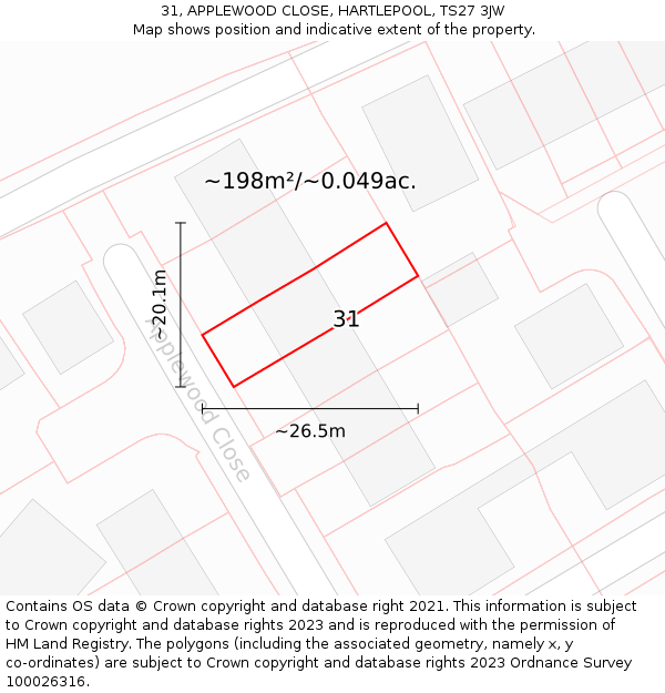31, APPLEWOOD CLOSE, HARTLEPOOL, TS27 3JW: Plot and title map
