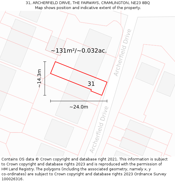 31, ARCHERFIELD DRIVE, THE FAIRWAYS, CRAMLINGTON, NE23 8BQ: Plot and title map