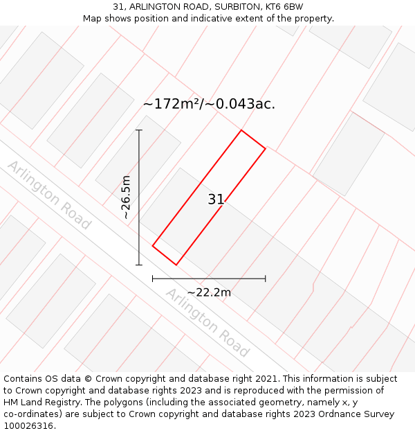 31, ARLINGTON ROAD, SURBITON, KT6 6BW: Plot and title map