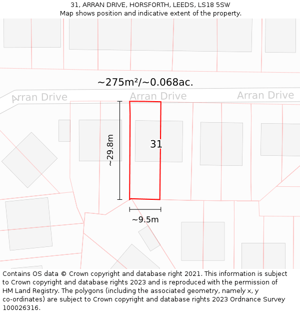 31, ARRAN DRIVE, HORSFORTH, LEEDS, LS18 5SW: Plot and title map