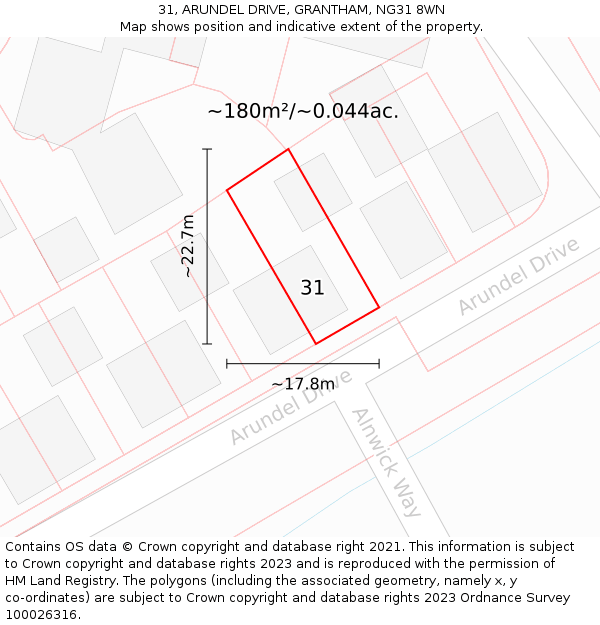 31, ARUNDEL DRIVE, GRANTHAM, NG31 8WN: Plot and title map