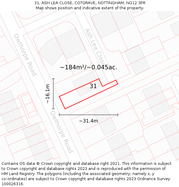 31, ASH LEA CLOSE, COTGRAVE, NOTTINGHAM, NG12 3PR: Plot and title map
