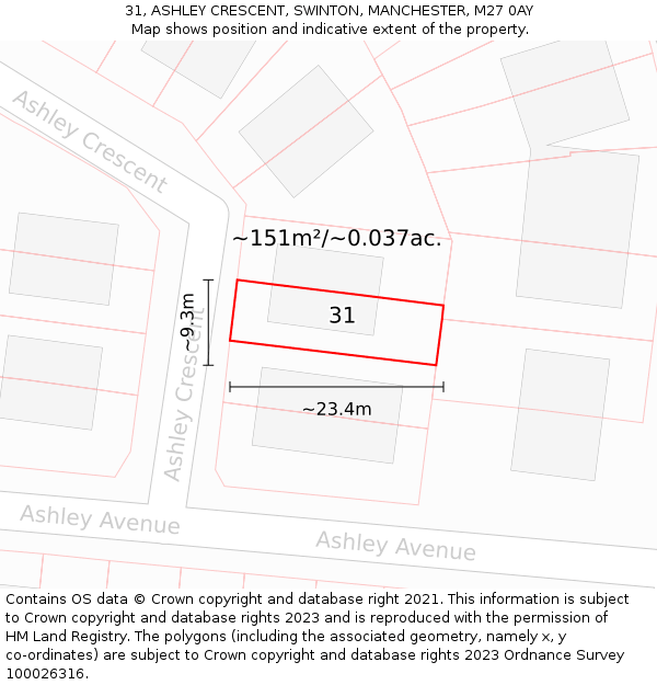 31, ASHLEY CRESCENT, SWINTON, MANCHESTER, M27 0AY: Plot and title map