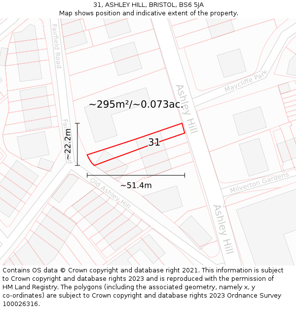 31, ASHLEY HILL, BRISTOL, BS6 5JA: Plot and title map