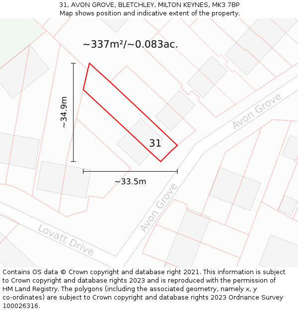 31, AVON GROVE, BLETCHLEY, MILTON KEYNES, MK3 7BP: Plot and title map