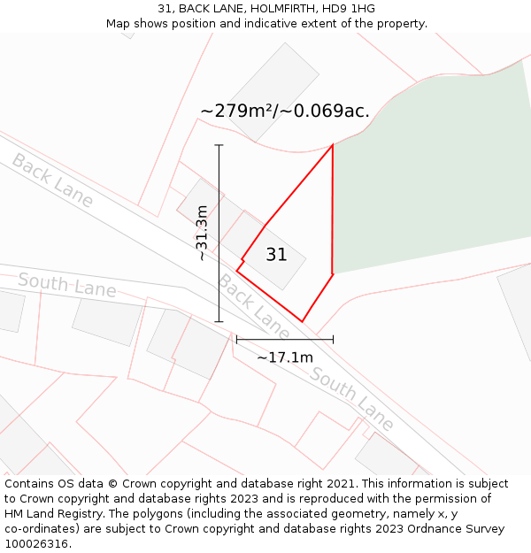31, BACK LANE, HOLMFIRTH, HD9 1HG: Plot and title map