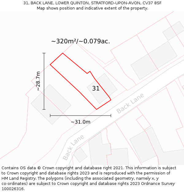 31, BACK LANE, LOWER QUINTON, STRATFORD-UPON-AVON, CV37 8SF: Plot and title map