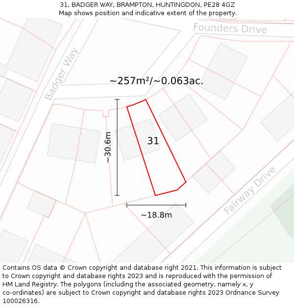 31, BADGER WAY, BRAMPTON, HUNTINGDON, PE28 4GZ: Plot and title map