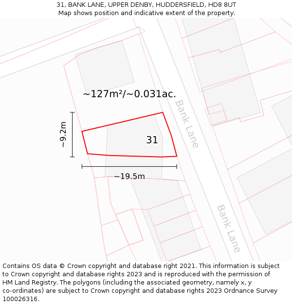 31, BANK LANE, UPPER DENBY, HUDDERSFIELD, HD8 8UT: Plot and title map