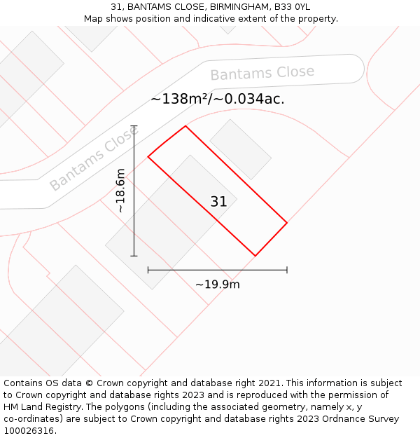 31, BANTAMS CLOSE, BIRMINGHAM, B33 0YL: Plot and title map