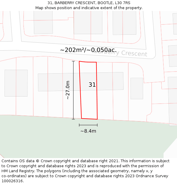 31, BARBERRY CRESCENT, BOOTLE, L30 7RS: Plot and title map