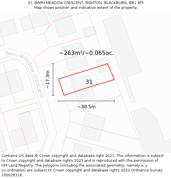 31, BARN MEADOW CRESCENT, RISHTON, BLACKBURN, BB1 4PF: Plot and title map
