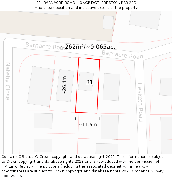 31, BARNACRE ROAD, LONGRIDGE, PRESTON, PR3 2PD: Plot and title map