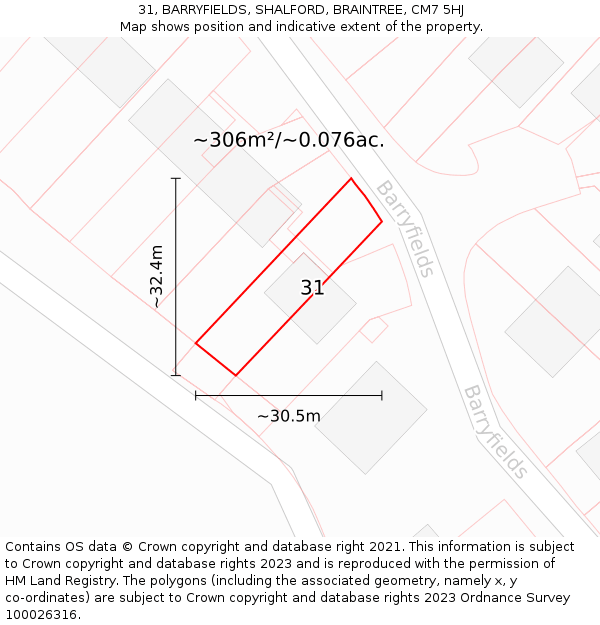 31, BARRYFIELDS, SHALFORD, BRAINTREE, CM7 5HJ: Plot and title map