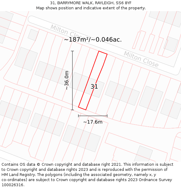 31, BARRYMORE WALK, RAYLEIGH, SS6 8YF: Plot and title map