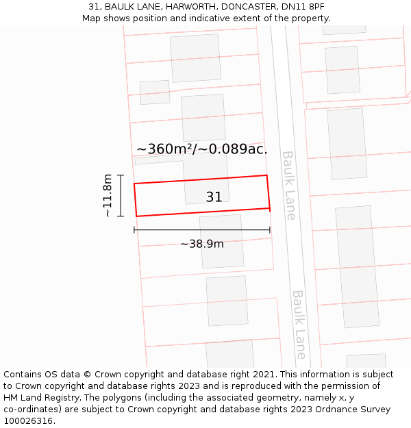 31, BAULK LANE, HARWORTH, DONCASTER, DN11 8PF: Plot and title map