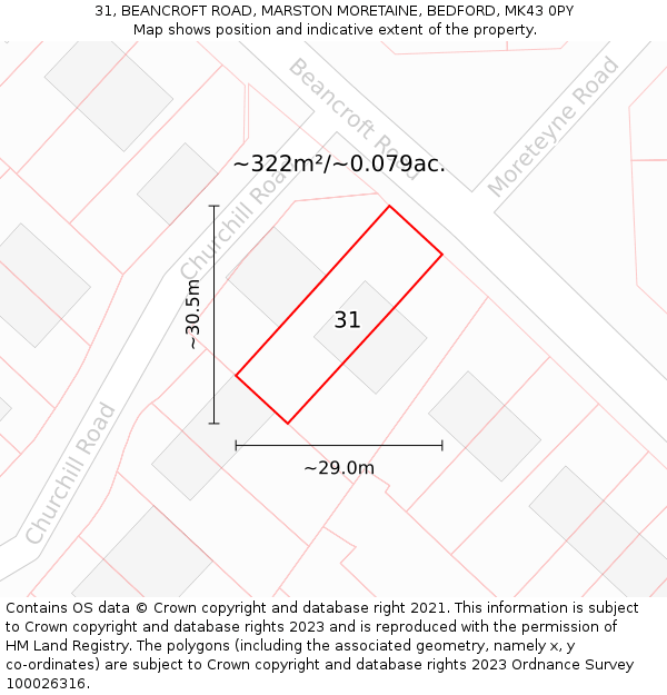 31, BEANCROFT ROAD, MARSTON MORETAINE, BEDFORD, MK43 0PY: Plot and title map