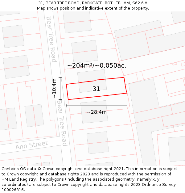 31, BEAR TREE ROAD, PARKGATE, ROTHERHAM, S62 6JA: Plot and title map