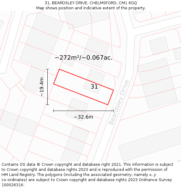 31, BEARDSLEY DRIVE, CHELMSFORD, CM1 6GQ: Plot and title map