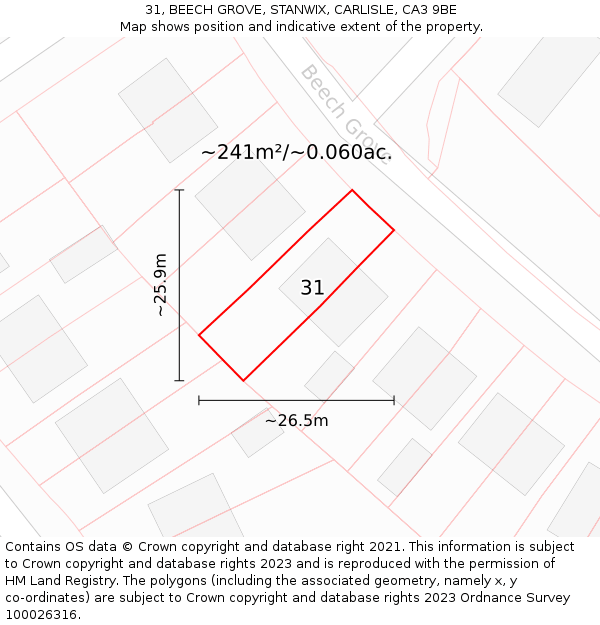 31, BEECH GROVE, STANWIX, CARLISLE, CA3 9BE: Plot and title map