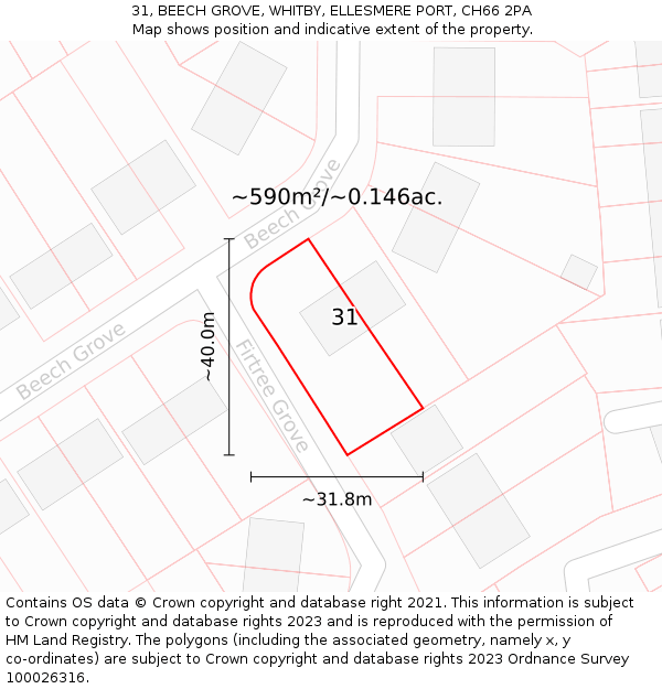 31, BEECH GROVE, WHITBY, ELLESMERE PORT, CH66 2PA: Plot and title map