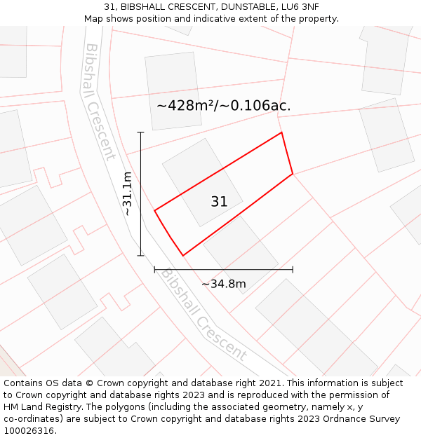 31, BIBSHALL CRESCENT, DUNSTABLE, LU6 3NF: Plot and title map