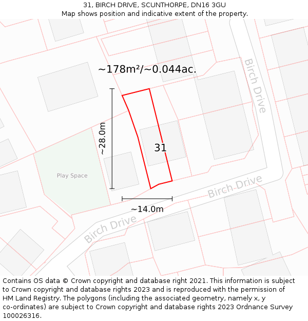 31, BIRCH DRIVE, SCUNTHORPE, DN16 3GU: Plot and title map