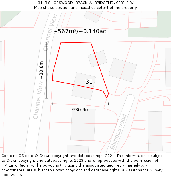 31, BISHOPSWOOD, BRACKLA, BRIDGEND, CF31 2LW: Plot and title map