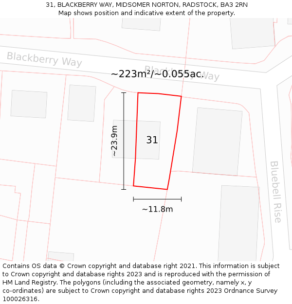 31, BLACKBERRY WAY, MIDSOMER NORTON, RADSTOCK, BA3 2RN: Plot and title map