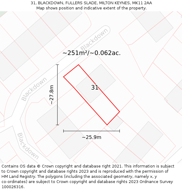 31, BLACKDOWN, FULLERS SLADE, MILTON KEYNES, MK11 2AA: Plot and title map