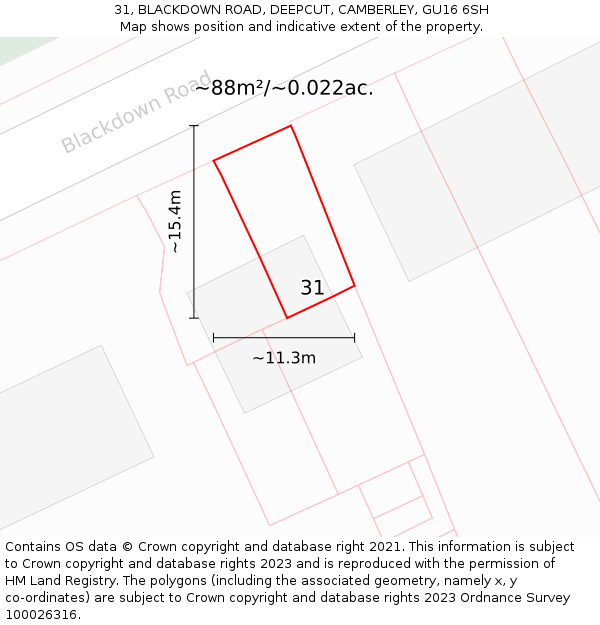 31, BLACKDOWN ROAD, DEEPCUT, CAMBERLEY, GU16 6SH: Plot and title map