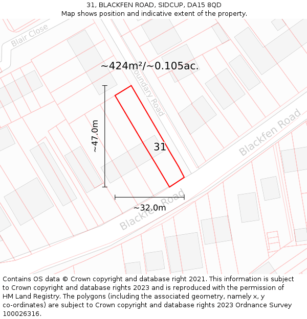 31, BLACKFEN ROAD, SIDCUP, DA15 8QD: Plot and title map