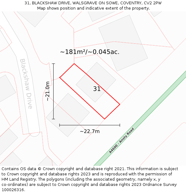 31, BLACKSHAW DRIVE, WALSGRAVE ON SOWE, COVENTRY, CV2 2PW: Plot and title map