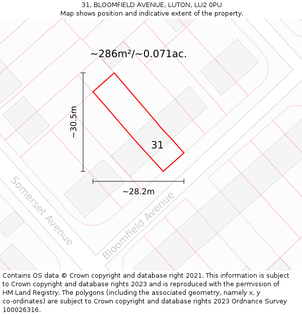 31, BLOOMFIELD AVENUE, LUTON, LU2 0PU: Plot and title map