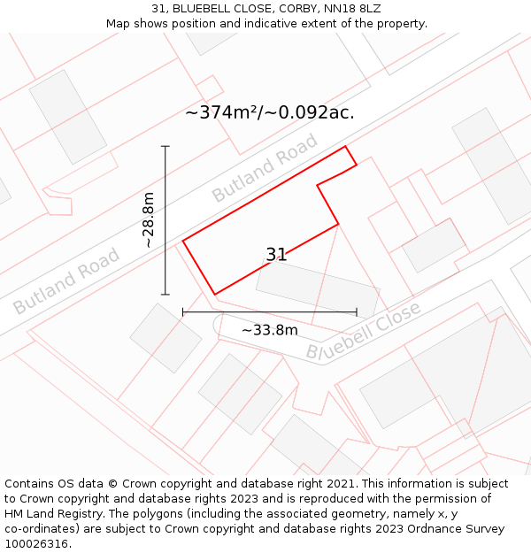 31, BLUEBELL CLOSE, CORBY, NN18 8LZ: Plot and title map