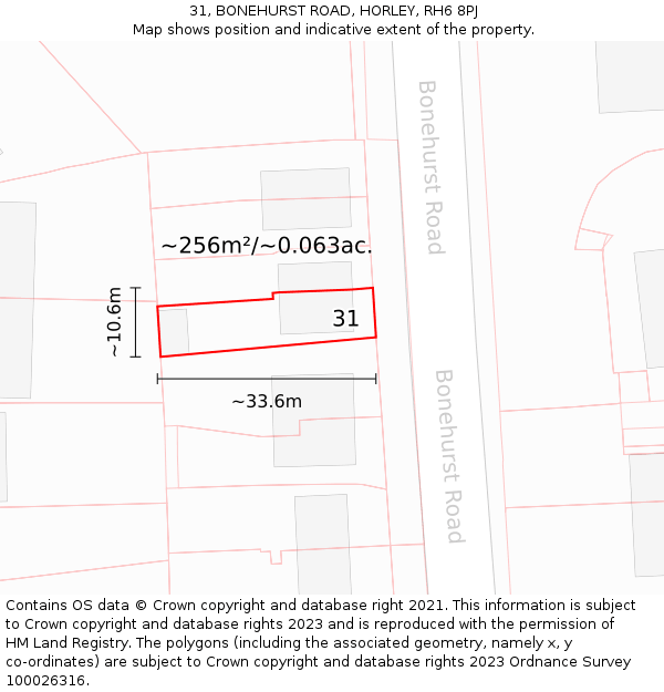 31, BONEHURST ROAD, HORLEY, RH6 8PJ: Plot and title map