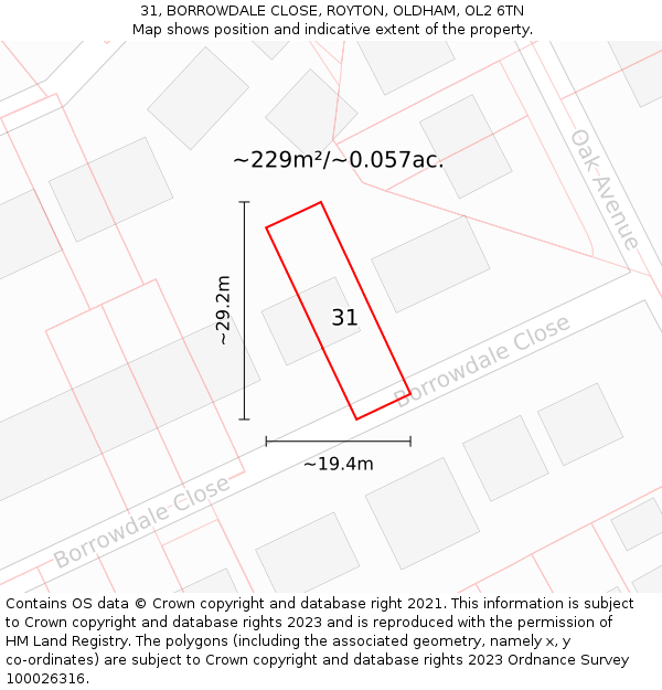 31, BORROWDALE CLOSE, ROYTON, OLDHAM, OL2 6TN: Plot and title map