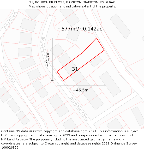 31, BOURCHIER CLOSE, BAMPTON, TIVERTON, EX16 9AG: Plot and title map