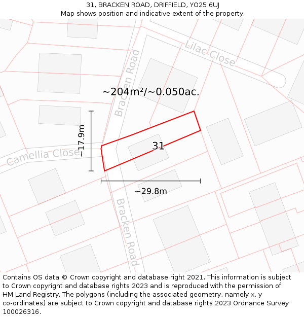31, BRACKEN ROAD, DRIFFIELD, YO25 6UJ: Plot and title map