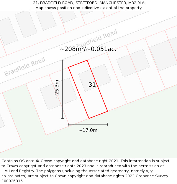 31, BRADFIELD ROAD, STRETFORD, MANCHESTER, M32 9LA: Plot and title map